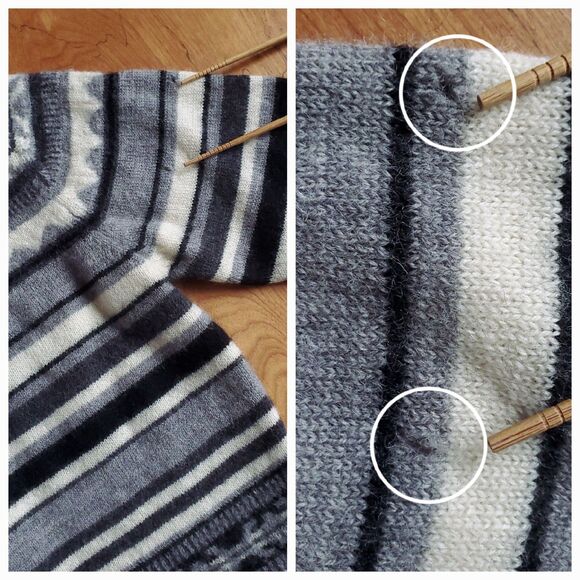 Karen Scott Cardigan Sweater Size L HOLES Gray 100% Wool Striped Button Up FLAWS - Picture 3 of 11